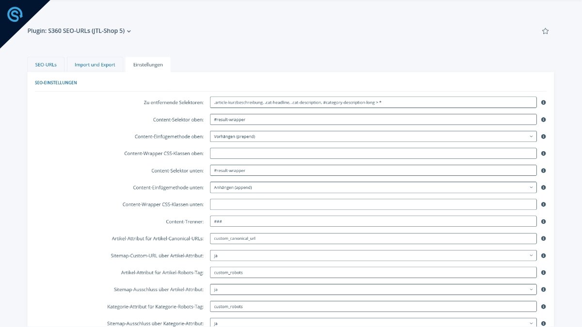 S360 SEO-URLs - Adminbereich Import und Export
