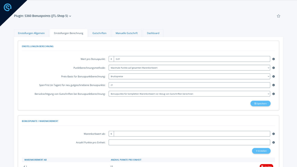 S360 Bonuspoints - Backend Einstellungen Allgemein